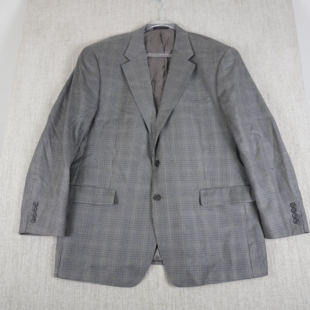 Chaps Blazer Sport Coat Mens 46R Gray Houndstooth Silk Wool Blend Two Button